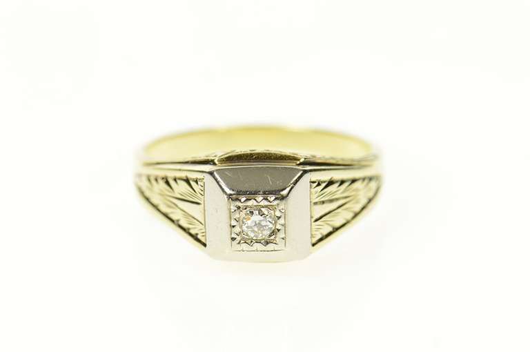 14K Yellow Gold Art Deco Squared Diamond Leaf Etched Wedding Ring