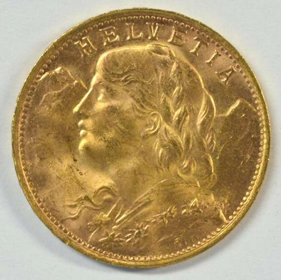 Superb Gem BU 1947-B Swiss 20 Francs Gold Piece.