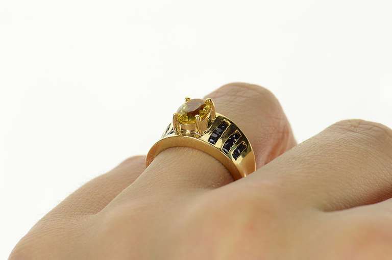 14K Yellow Gold Oval Citrine Sapphire Channel Accent Concave Ring