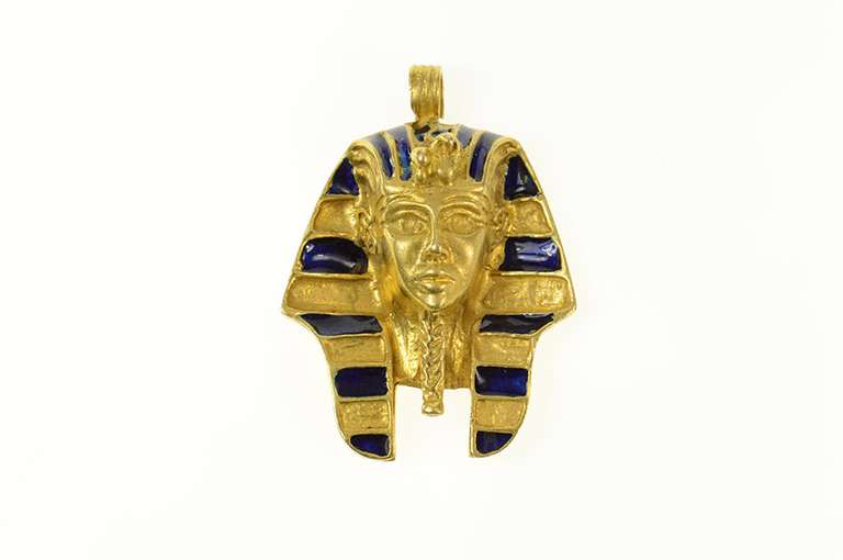 18K Yellow Gold Ancient Egyptian Pharaoh Enamel Bust Pendant