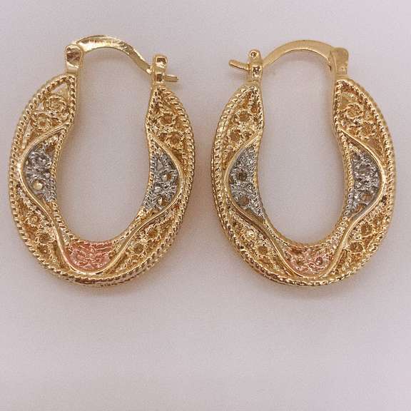 Fancy Italian 18kt Gold Plated Filigree Tricolor Hoop Earrings