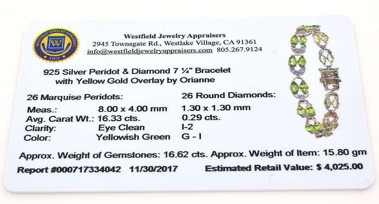 Stately Peridot & Diamond Bracelet in Vermeil