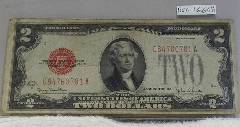 1928-G $2. US Note Red Seal circ, first yr of issue for sm size