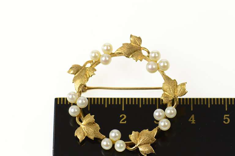 14K Yellow Gold Retro Classic Pearl Cluster Leaf Round Pin/Brooch