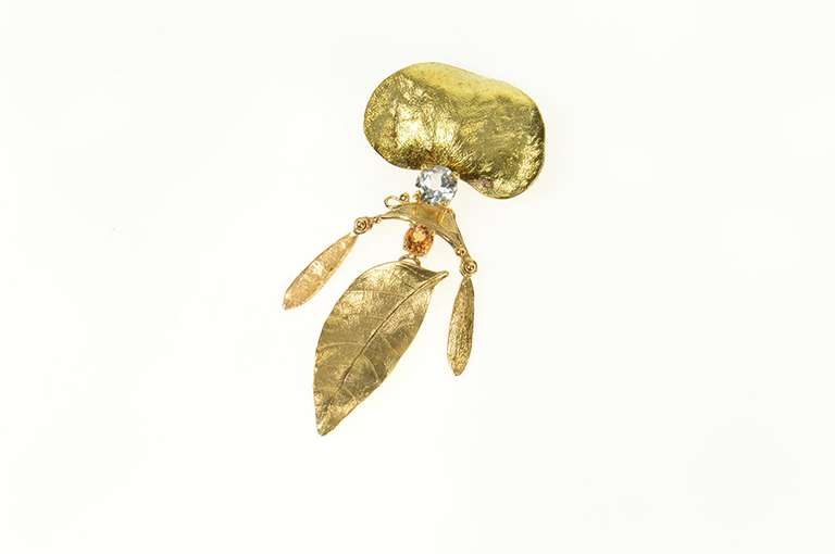 14K Yellow Gold Blue Topaz Citrine Leaf Fringe Statement Pin/Brooch