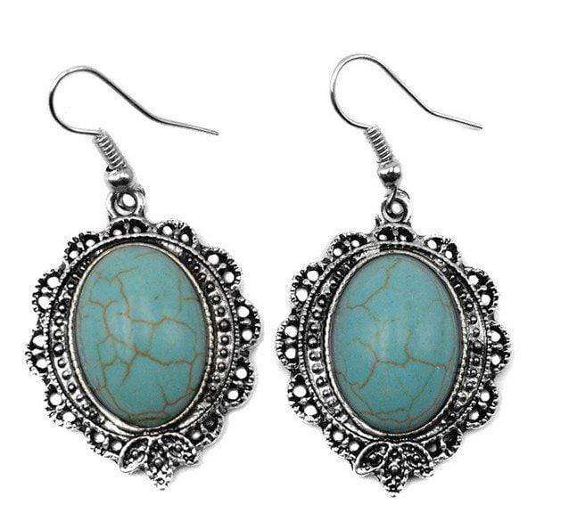 TIBET SILVER HEART BLUE CRYSTAL SYNTHETICTURQUOISE FASHION GERMAN SILVER HOOK
