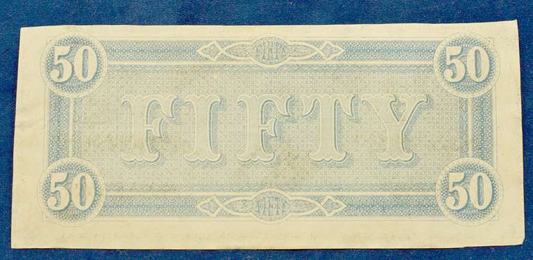 Uncirculated 1864 $50 Confederate States Note.