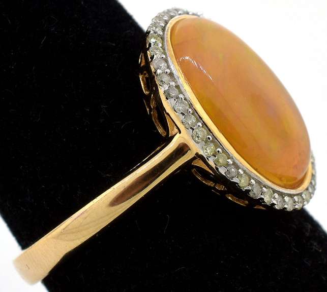 Enchanting Cabochon Cut Opal & Diamond Ring in Vermeil
