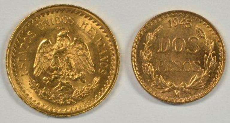 Gem BU 1945 Mexico 2 Pesos & 2.5 Pesos Gold Pieces