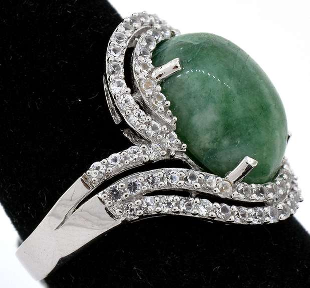 Hypnotic 6.75CTS Cabochon Cut Natural Emerald & White Sapphire Ring in Sterling Silver