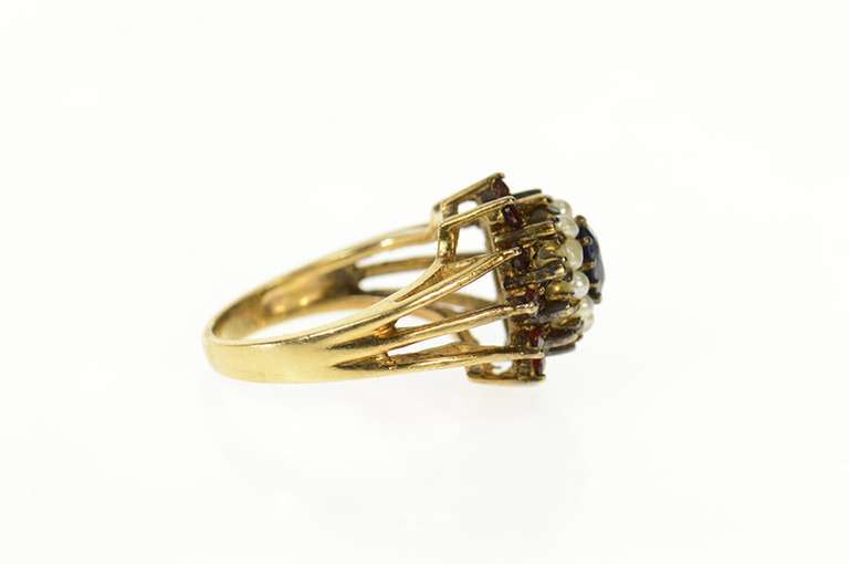 14K Yellow Gold Sapphire Pearl Garnet Halo Victorian Cocktail Ring