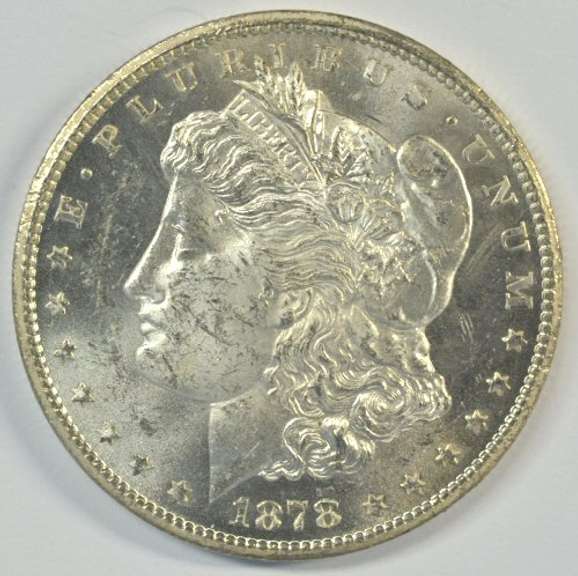 Frosty-white BU 1878-CC Morgan Silver Dollar. Key date