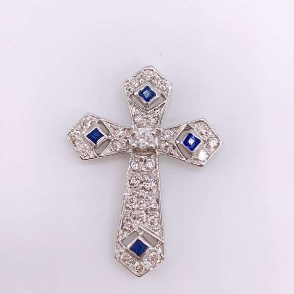 14kt Gold, Blue Sapphire, & Diamond Cross Pendant
