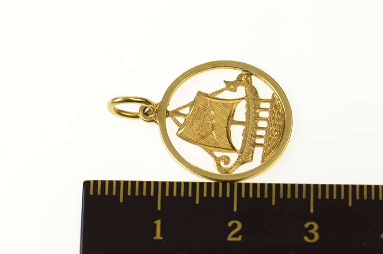 18K Yellow Gold Ornate Etched Viking Row Ship Boat Round Charm/Pendant