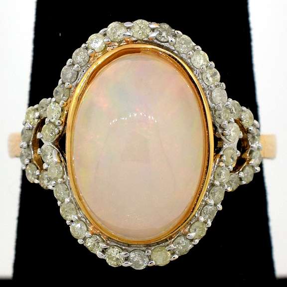 Incredible Cabochon Cut Opal & Diamond Halo Ring in Vermeil