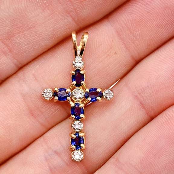 14kt Gold, Blue Sapphire, & Diamond Cross Pendant