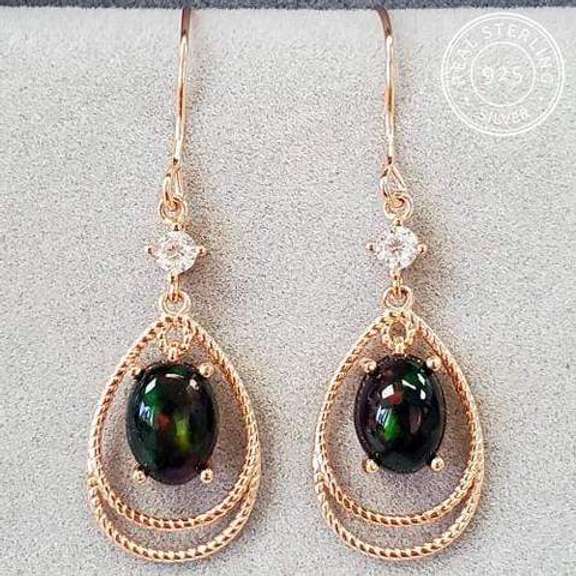 GENUINE ETHIOPIAN BLACK OPAL & CREATED WHITE SAPPHIRE 2.40 CT GENUINE STERLING SILVER EARRINGS