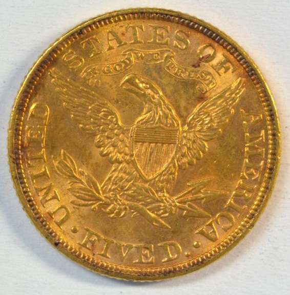 Richly colored BU 1900 US $5 Liberty Gold Piece. Nice