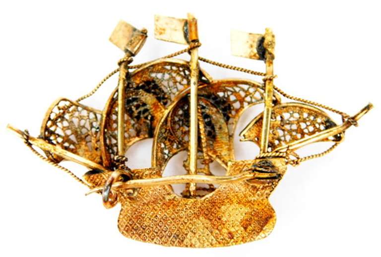 Early Sterling Vermeil Enameled Ship Pin