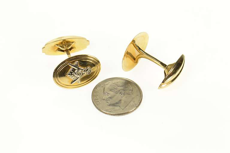 10K Yellow Gold Masonic Compass Square Oval Retro Cuff Links