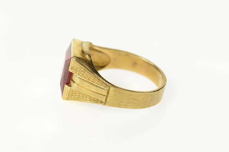 14K Yellow Gold Classic 1940's Syn. Ruby Squared Men's Ring