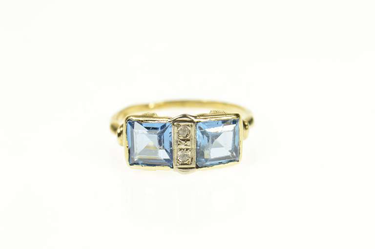 14K Yellow Gold 1940's Blue Topaz Diamond Squared Statement Ring