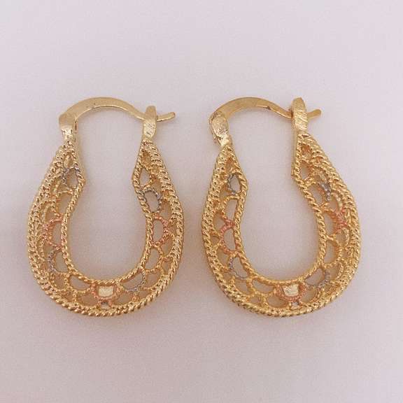 Fancy Italian 18kt Gold Plated Filigree Tricolor Hoop Earrings