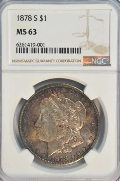 CH BU Rainbow Toned 1878-S Morgan Silver Dollar. NGC MS63