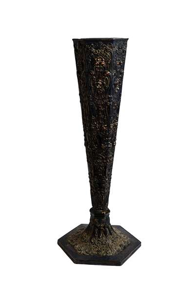 Antique England Tall Silver Plate Footed Vase, Intricately Embossed