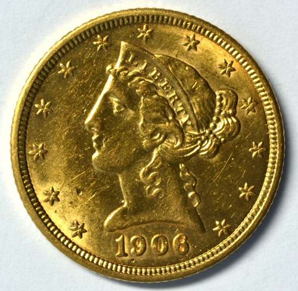 Lustrous BU 1906 US $5 Liberty Gold Piece. Very flashy