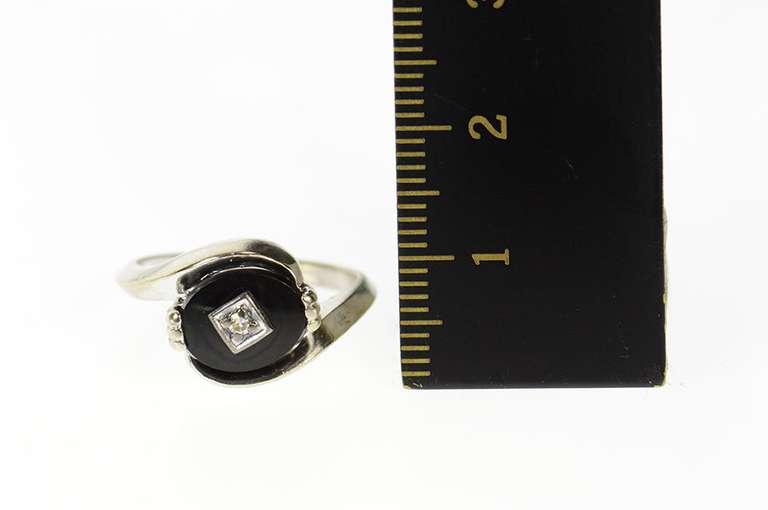 10K White Gold 1960's Black Onyx Diamond Bypass Ring