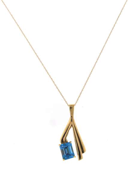 Powerful Emerald Cut Blue Topaz Wishbone Pendant on Chain