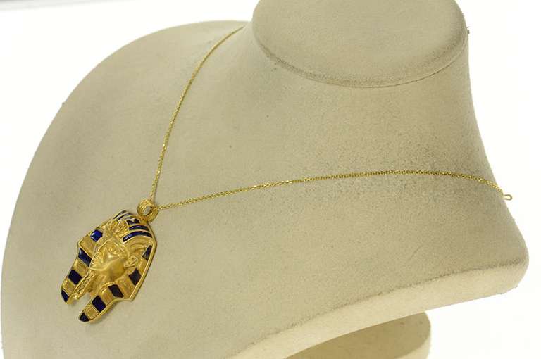 18K Yellow Gold Ancient Egyptian Pharaoh Enamel Bust Pendant