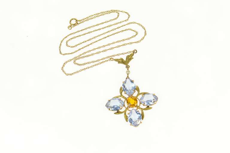 14K Yellow Gold Retro Syn.Tanzanite & Citrine Flower Necklace