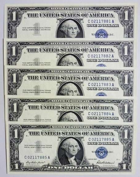(5) Gem Crisp 1957 $1 Silver Certificates-Consecutive!