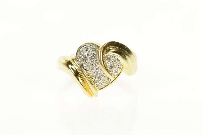 14K Yellow Gold Retro Pave Diamond Heart Bypass Ring