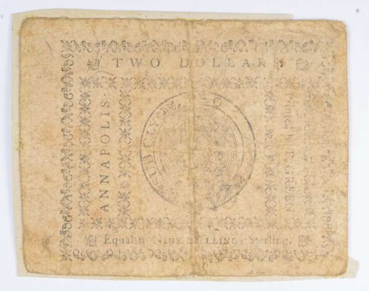 1775 Colonial Maryland - Annapolis 2 Dollars Note
