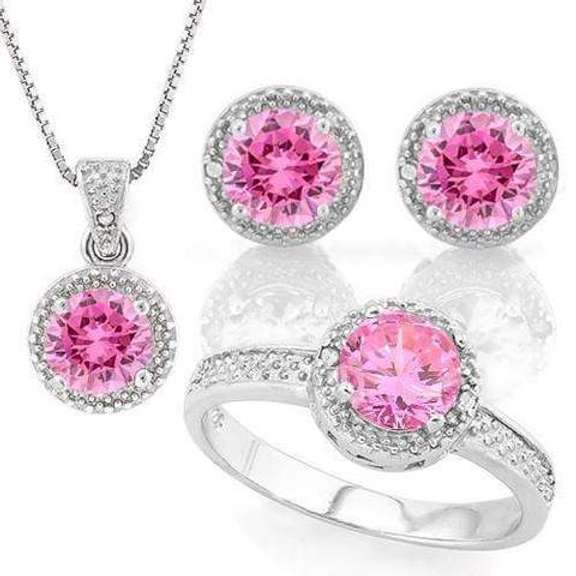 3 3/5 CARAT CREATED PINK SAPPHIRE & DIAMOND STERLING SILVER JEWELRY SET