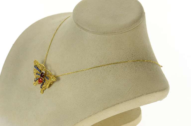 18K Yellow Gold Pave Yellow & Blue Sapphire Diamond Butterfly Pendant