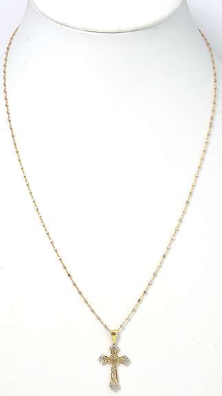 Gorgeous Filigree Cross Necklace in 2-Tone Gold