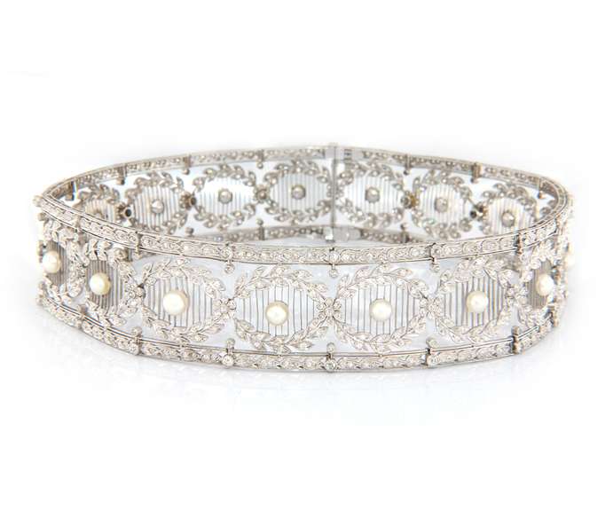 Antique Tiffany & Co Belle Epoque Circa 1900's Pearl and Diamond Necklace, Platinum