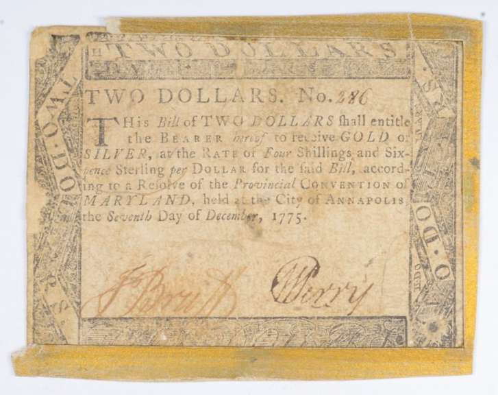 1775 Colonial Maryland - Annapolis 2 Dollars Note
