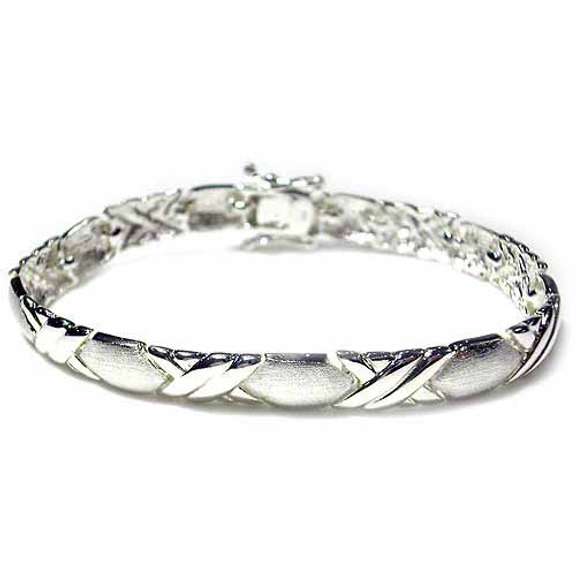 Sterling Silver Polished & Satin Double-X & Oval Bracelet
