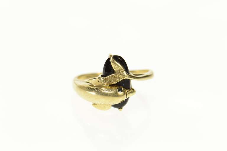 10K Yellow Gold Oval Black Onyx Dolphin Bypass Wrap Ring