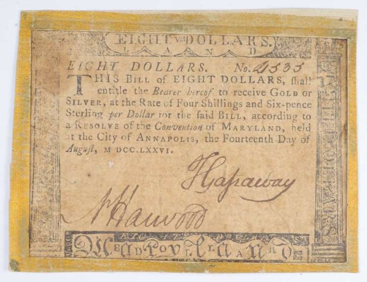 1776 Colonial Maryland - Annapolis 8 Dollars Note