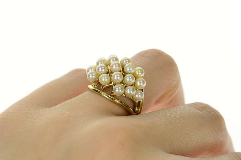 14K Yellow Gold Retro Domed Pearl Cluster Statement Band Ring