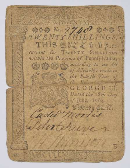 1764 Colonial Pennsylvania 20 Shillings Note