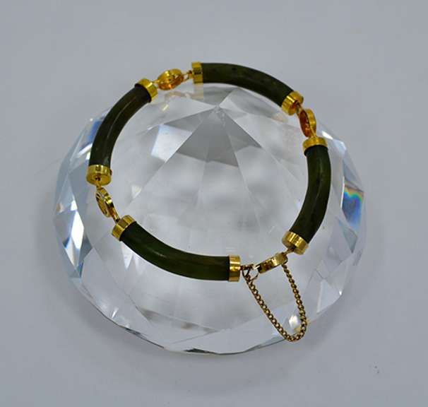 Vintage Gold Plated Jade Bracelet With Chinese Symbol Links