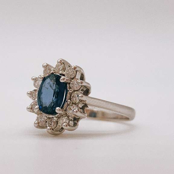 14kt Gold, Blue Sapphire, & Diamond Halo Ring