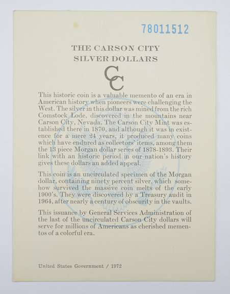 1878-CC Carson City GSA Hoard Issued Certification Card